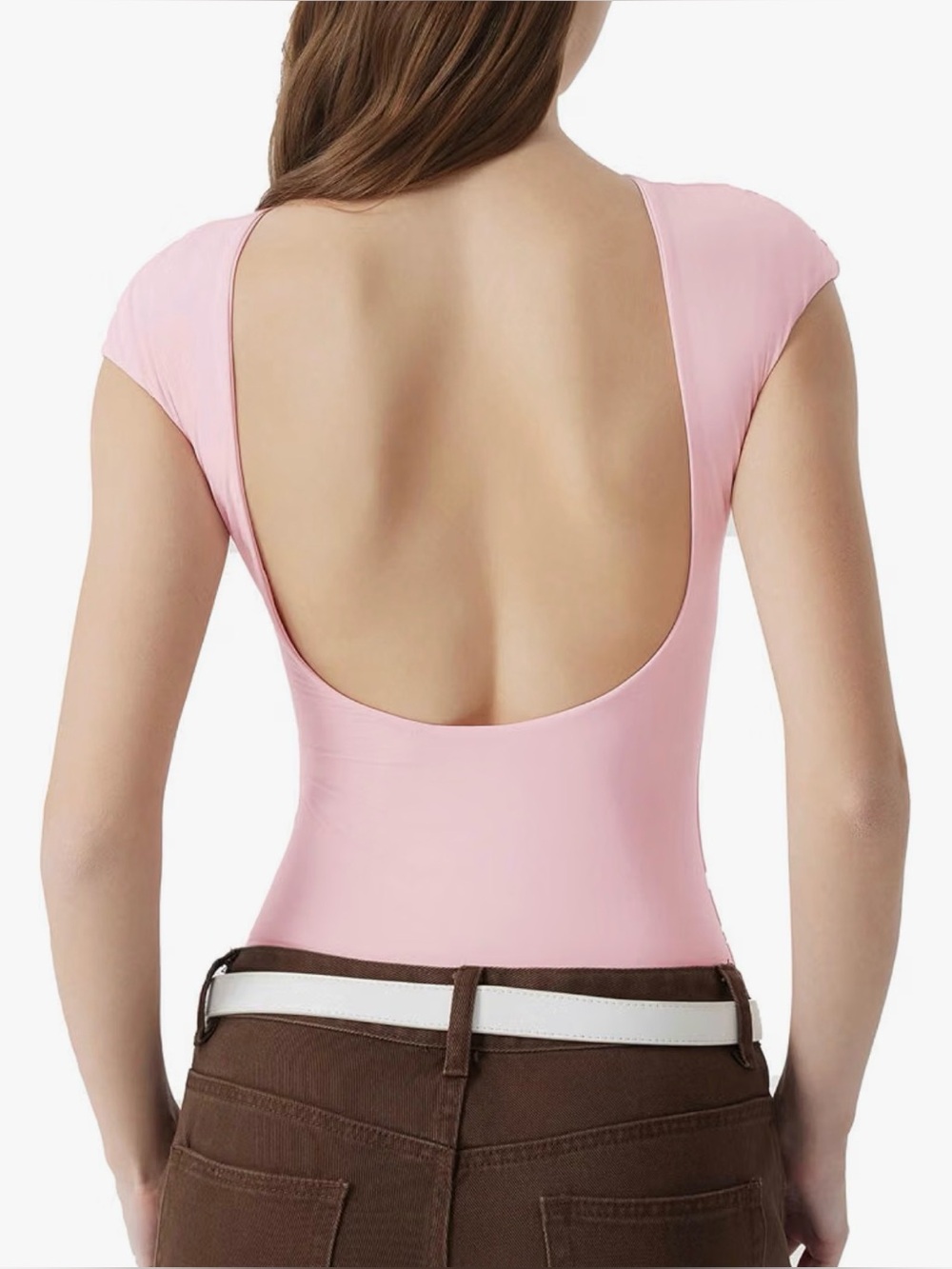 SUUKSESS Women light pink Backless Y2k Short Sleeve Bodysuit Double Lined Open B